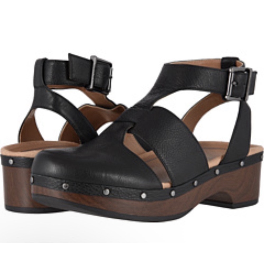 Vionic Faye Clog Sandals 7 Black Leather Buckle Strap Adjustable Platform EU 38 - Picture 2 of 13